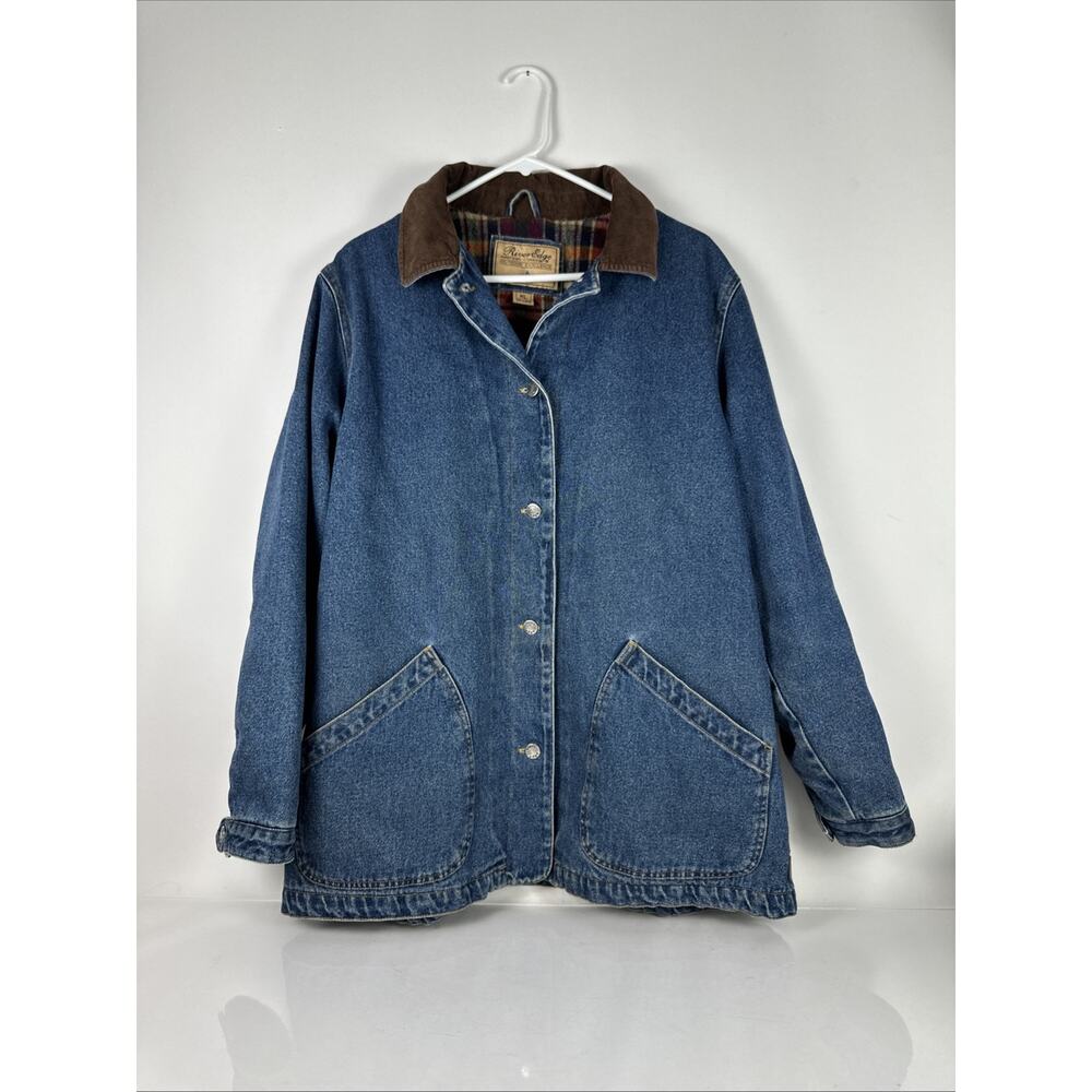 Vtg Denim Heavy Flannel Lined River Edge Women Sz XL Barn Jacket Corduroy Collar